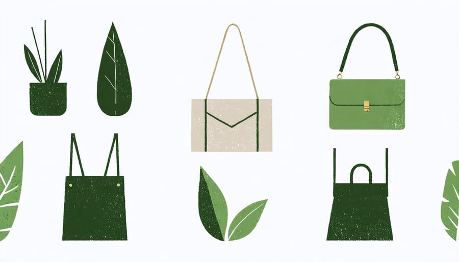 Artistic rendering of sustainable accessories including bamboo jewelry, recycled fabric bags, and natural fiber elements