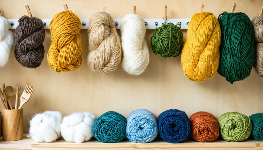 Various eco-friendly yarn materials including organic cotton, recycled wool, and bamboo fibers