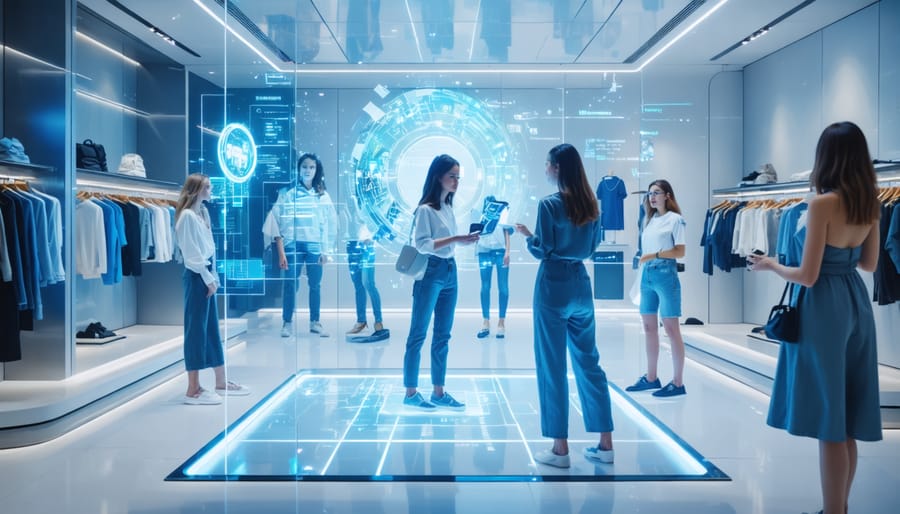 Diverse shoppers interacting with smart mirrors, virtually trying on different outfits in a high-tech fashion store; augmented reality visuals and digital interfaces illustrating the fusion of technology and fashion.
