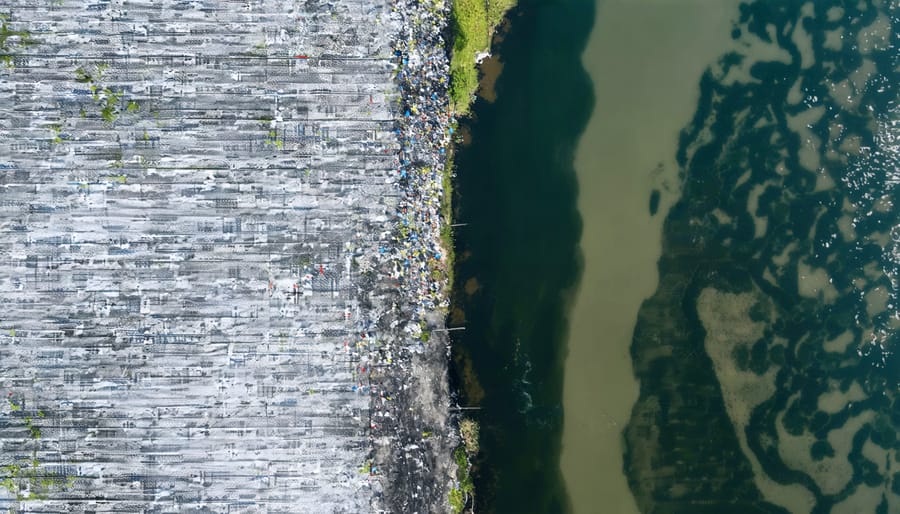 Environmental impact of textile manufacturing showing water pollution from a fashion factory