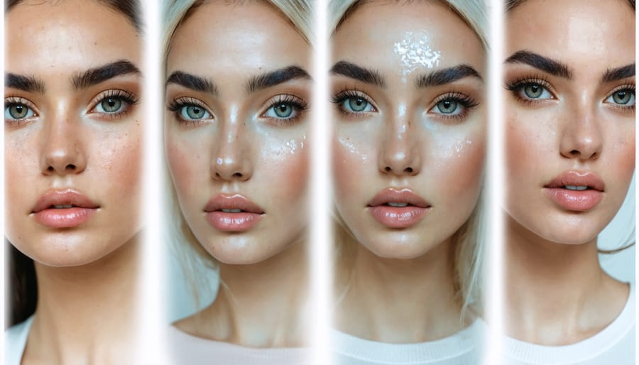 Before and after demonstration of minimal, dewy makeup look with glossy lips and fluffy brows