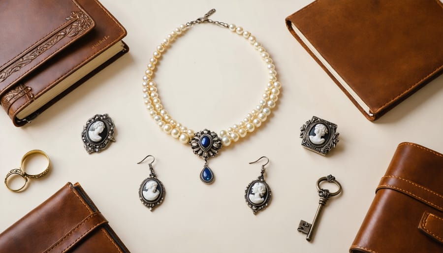 A sophisticated flat lay showcasing vintage-inspired jewelry, leather accessories, and elegant fashion elements, representing timeless style and enduring craftsmanship.