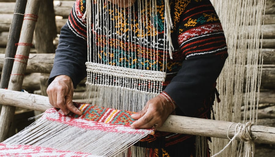 Traditional craftsperson using ancient weaving methods to create contemporary clothing