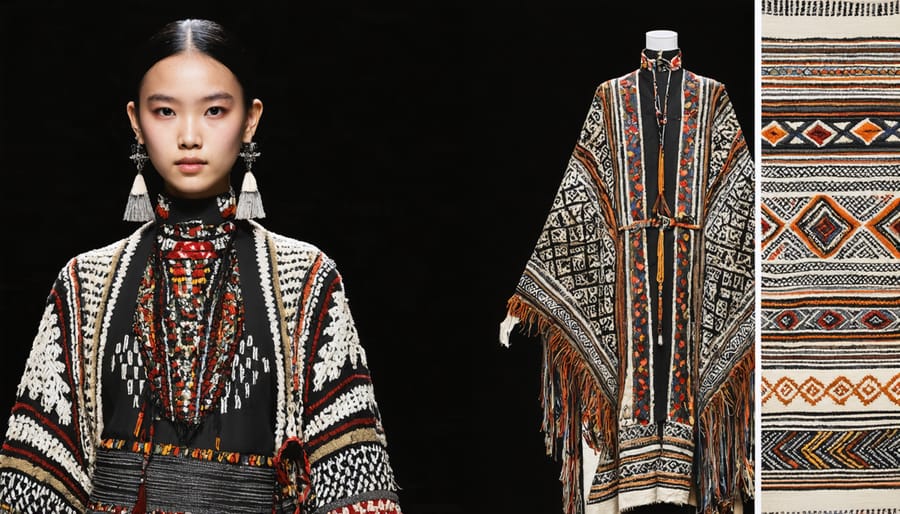 A fashion model showcases a modern outfit incorporating traditional textile techniques such as ikat and embroidery, set against a backdrop symbolizing the evolution of textile craftsmanship from ancient to modern times.