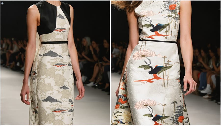 Modern designer dress featuring traditional kimono patterns alongside original kimono inspiration