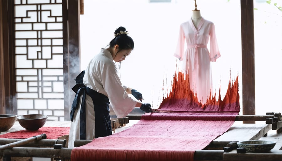 Master craftsperson applying traditional dyeing methods to contemporary fashion materials