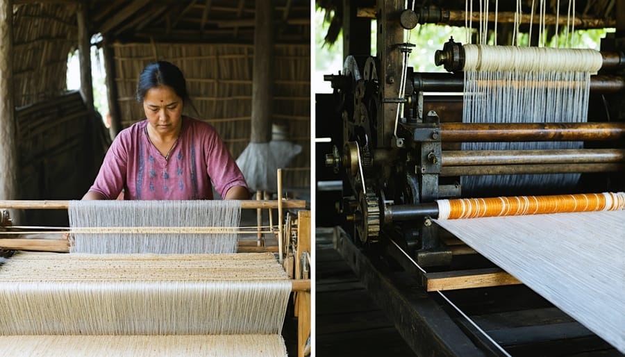 Split image showing traditional handloom weaving on left and mechanical power loom on right
