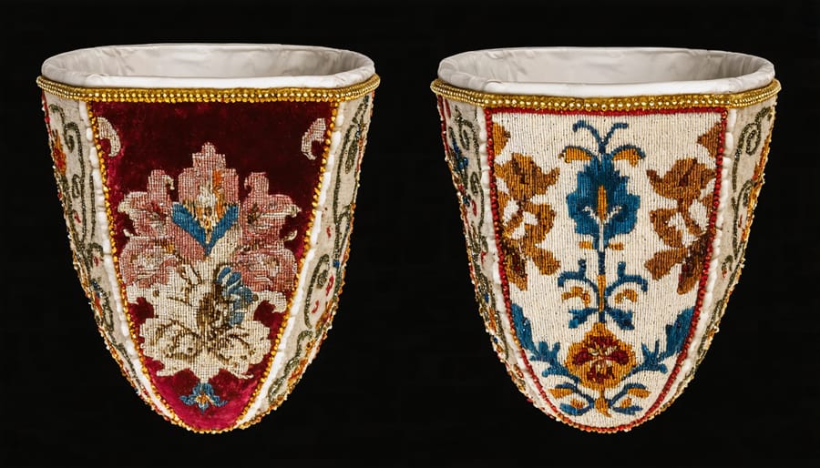 Renaissance-era elevated platform shoes with ornate fabric decoration