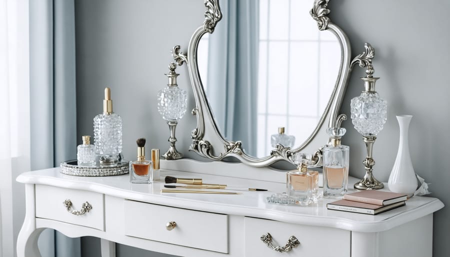 Classic beauty vanity arrangement featuring vintage-style cosmetic accessories and perfume bottles