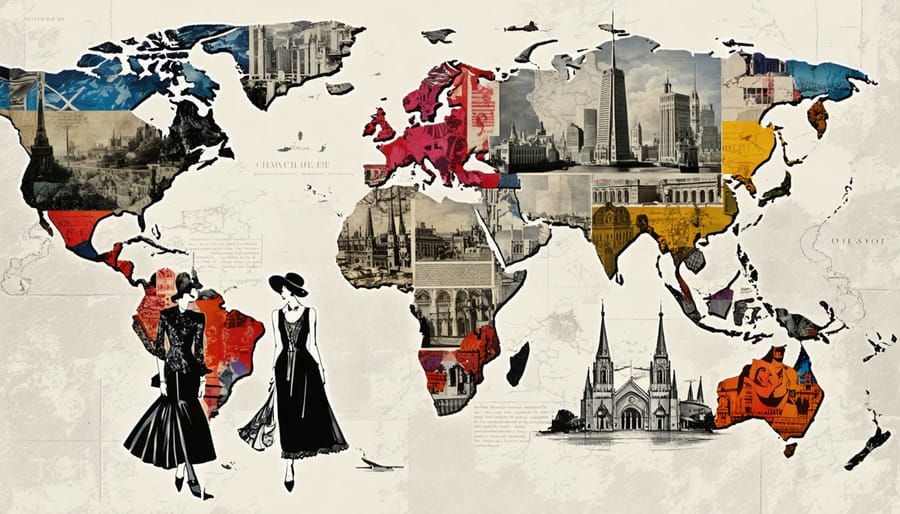 A collage showcasing the impact of vintage fashion on modern style, featuring iconic elements like 1920s flapper dresses, Art Deco designs, and Dior's New Look, set against global backdrops.