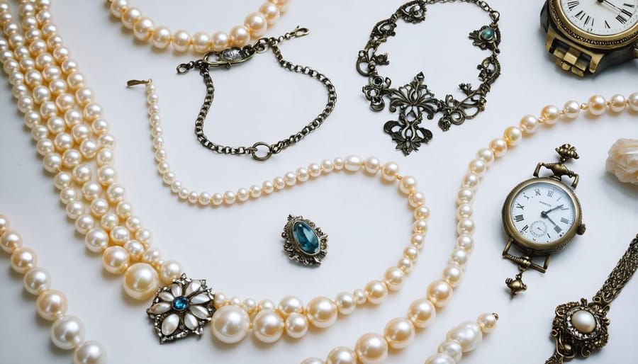 Collection of elegant vintage-style jewelry pieces including pearls and classic timepieces