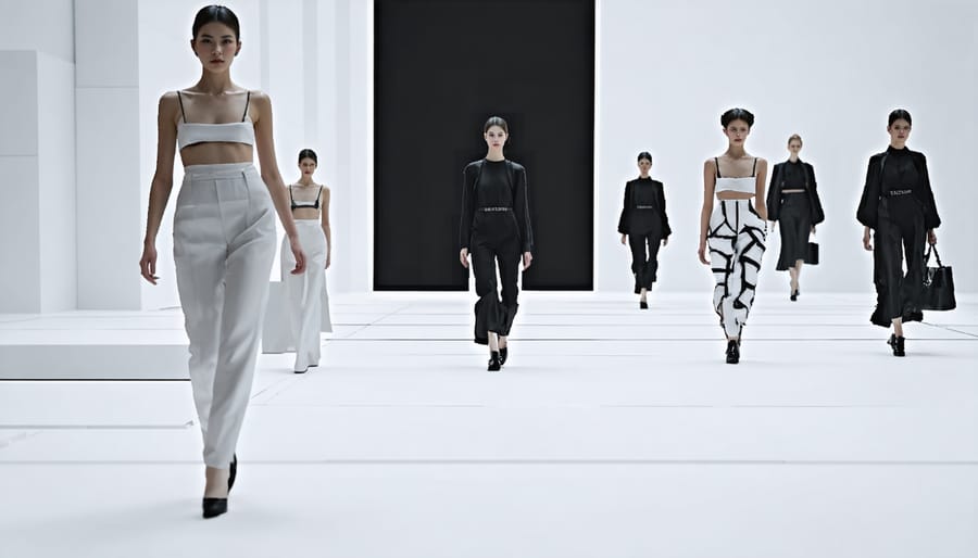 Immersive virtual reality fashion show with 3D models in futuristic setting