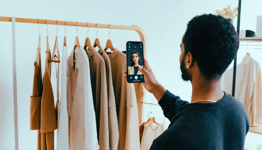 Individual using AR technology to virtually try on clothing items