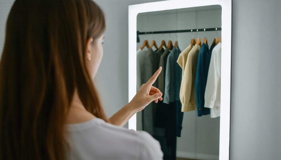 Woman using augmented reality mirror to virtually try on different outfits