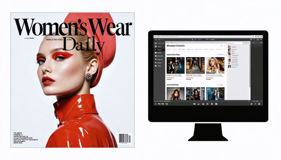 Side-by-side comparison of Women's Wear Daily's classic print magazine and its digital platform, showcasing the evolution of fashion media from print to digital with interactive and real-time features.