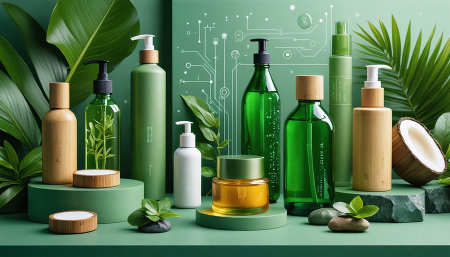 A collage of eco-friendly beauty products featuring bamboo, refillable containers, and recycled materials, set against a backdrop of lush greenery, symbolizing the sustainability and technological trends in the beauty industry.