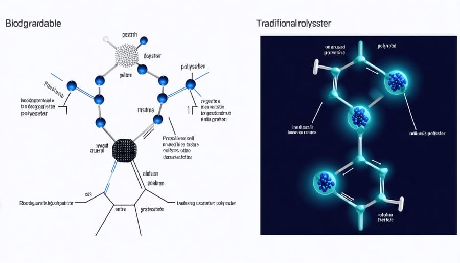 Scientific illustration comparing molecular structures of biodegradable and traditional polyester