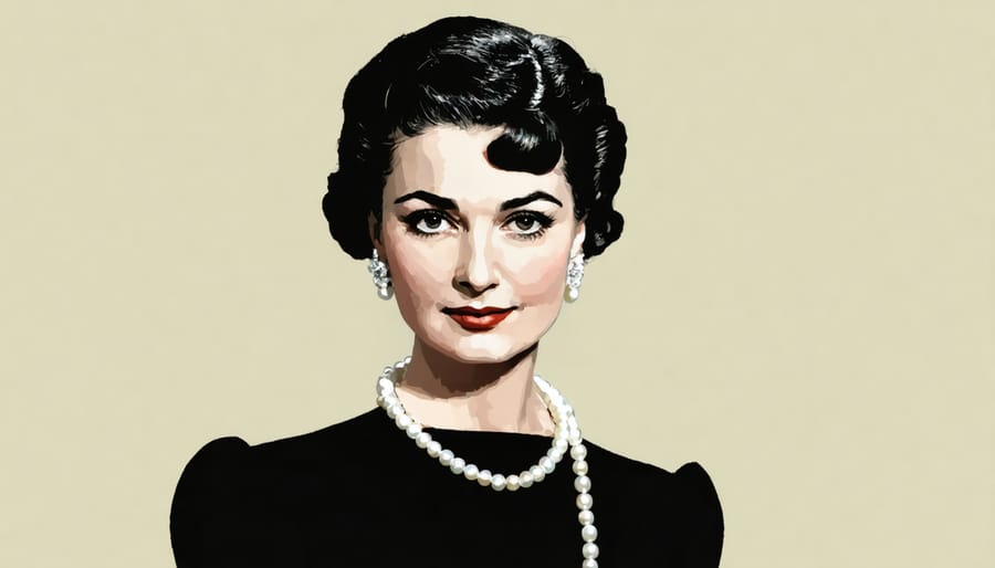 Black and white photograph of Coco Chanel in her signature style with little black dress and pearl necklace