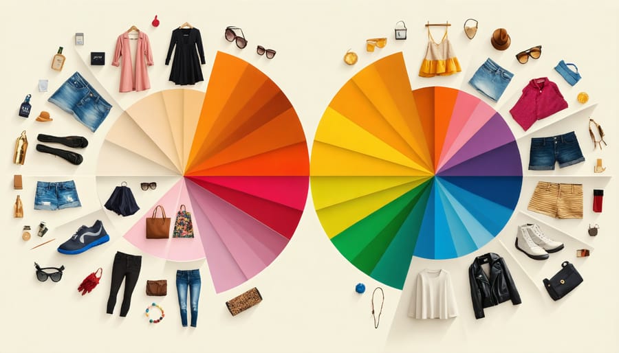 Circular arrangement of clothing pieces organized by color psychology and emotional impact