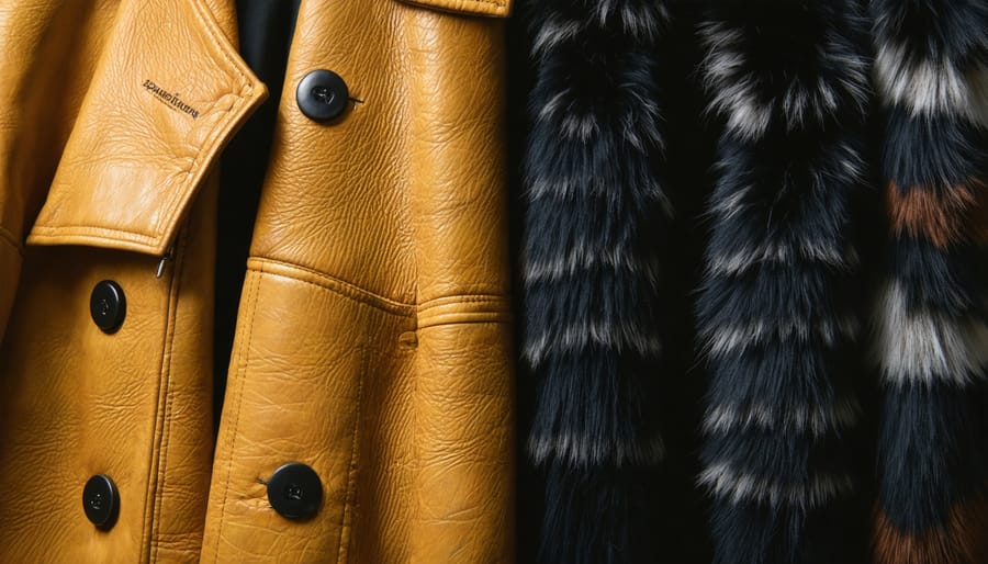 A juxtaposition of traditional animal-based fashion items and innovative alternatives, such as pineapple leather and faux fur, showcasing animal welfare certification symbols to emphasize ethical choices in fashion.
