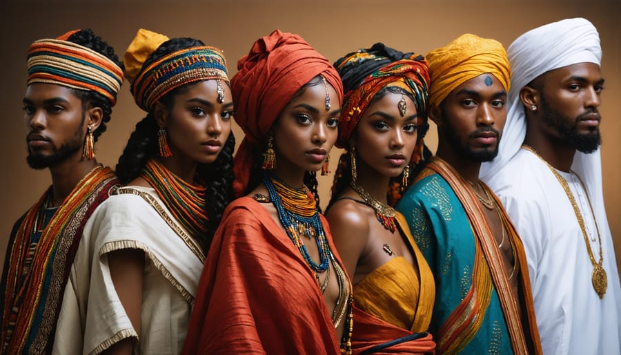 People wearing clothing that combines traditional cultural elements with contemporary fashion