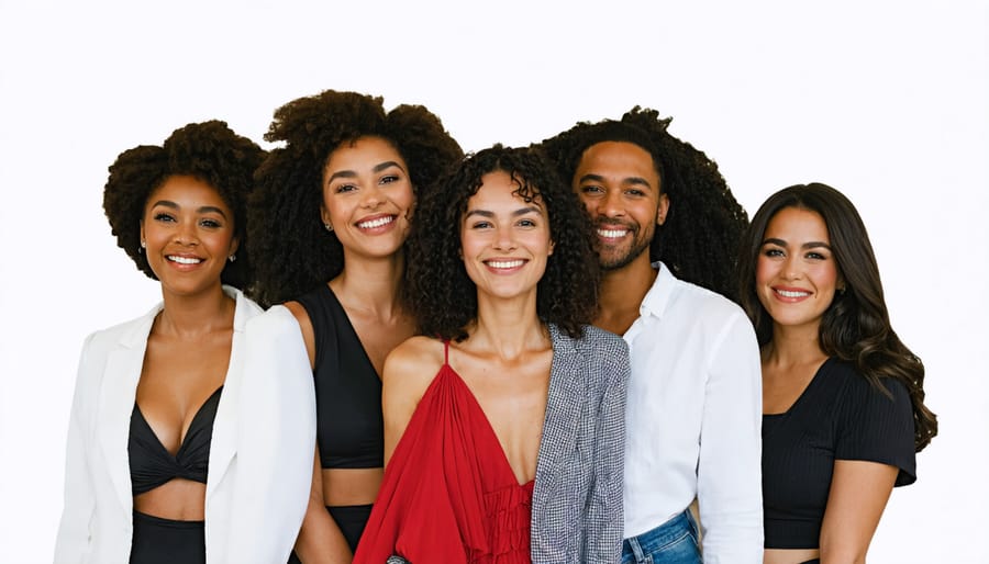 A diverse group of models of varying body types wearing contemporary fashion