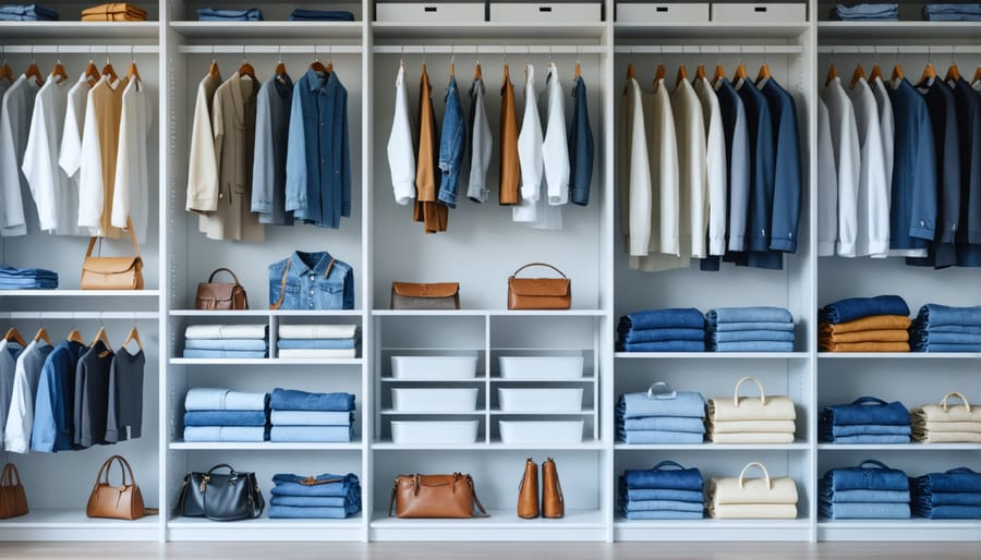 Well-organized closet displaying clothing arranged by mood and purpose with clear categories