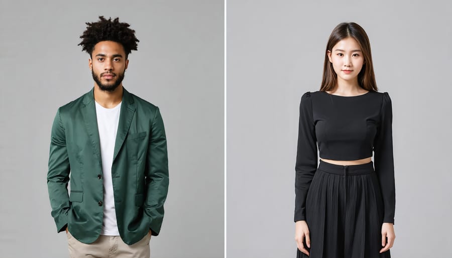 Side-by-side comparison of person's confidence levels in different clothing styles