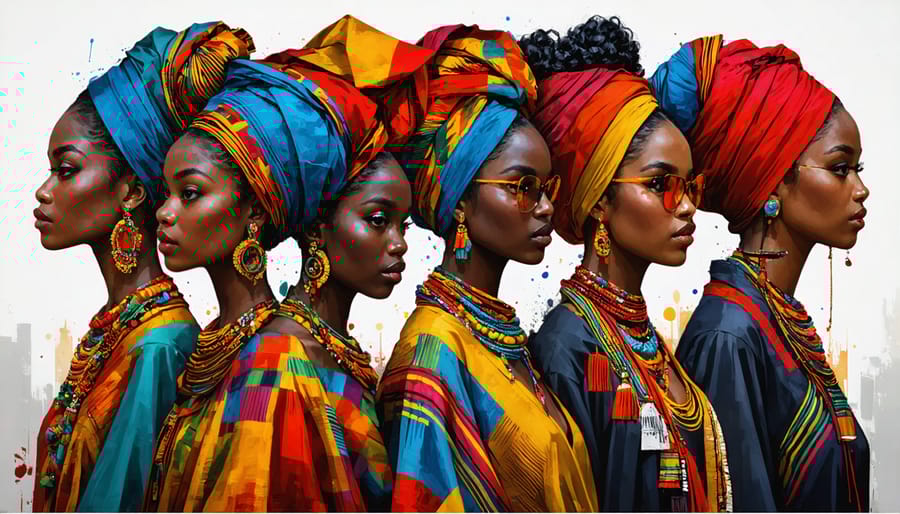 A diverse group of individuals wearing a blend of traditional and modern fashion styles, representing their personal and cultural identities through clothing choices.