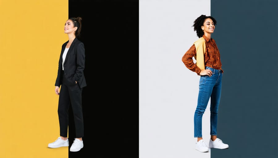 A split-screen image illustrating the same individual portraying different emotions based on clothing choices; on one side in professional attire with a confident stance in an office setting, and on the other side in casual wear, embracing a joyful ambiance in an urban landscape.