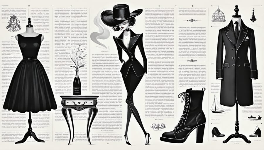 An artistic tapestry depicting transformative fashion moments, including Coco Chanel's little black dress, Charles Frederick Worth's mannequin, Yves Saint Laurent's Le Smoking tuxedo, and Alexander McQueen's armadillo boots. The collage symbolizes the revolutionary impact of these designers on fashion history.