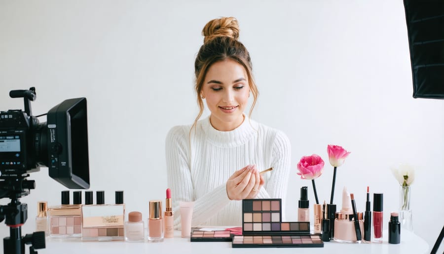 Beauty influencer filming high-end makeup tutorial with professional lighting and camera equipment