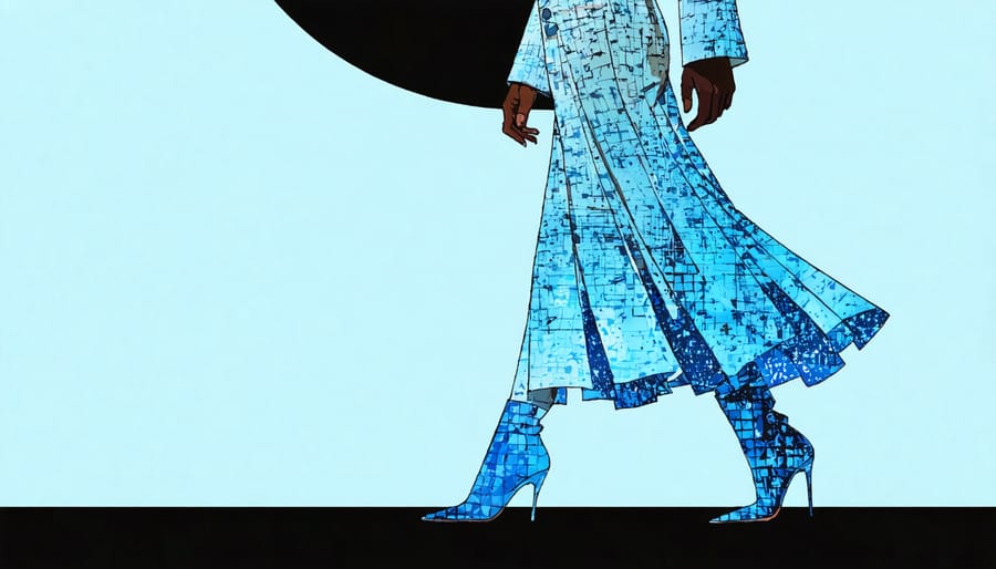 Model wearing futuristic Alexander McQueen design on runway with distinctive digital prints and sculptural shoes