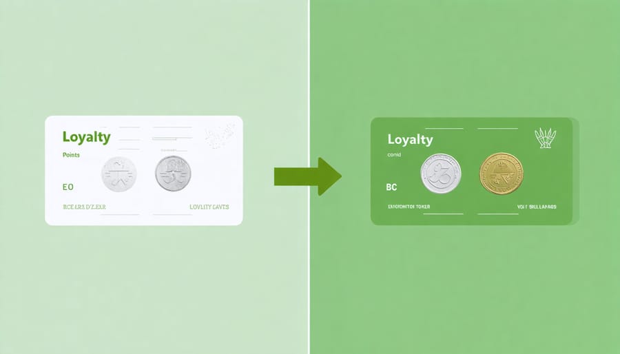 Visual comparison of traditional loyalty points transforming into sustainable rewards symbols