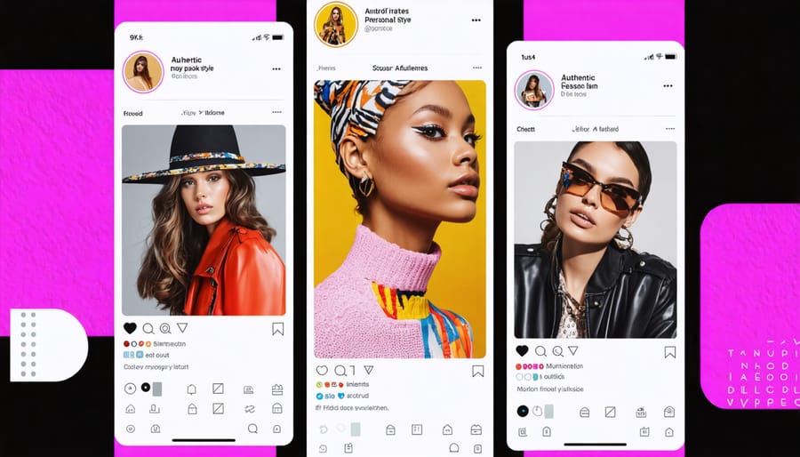 Digital collage of social media fashion content showing contrast between influencer posts and personal style