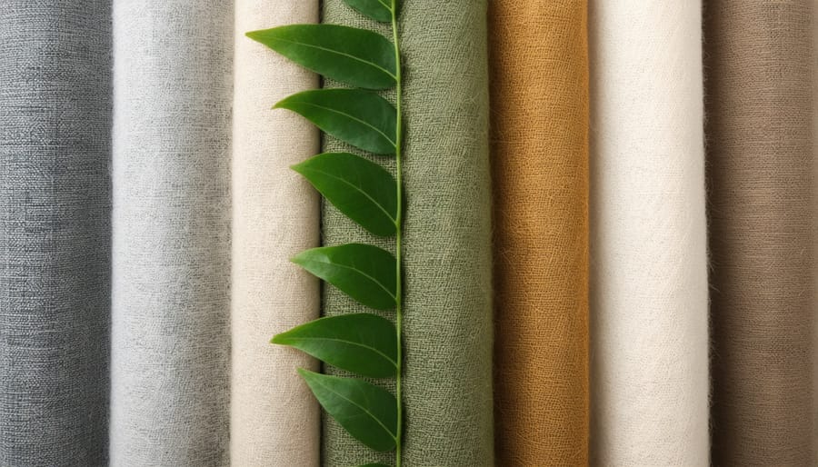 Collection of eco-friendly upholstery fabric swatches showing different textures and natural colors