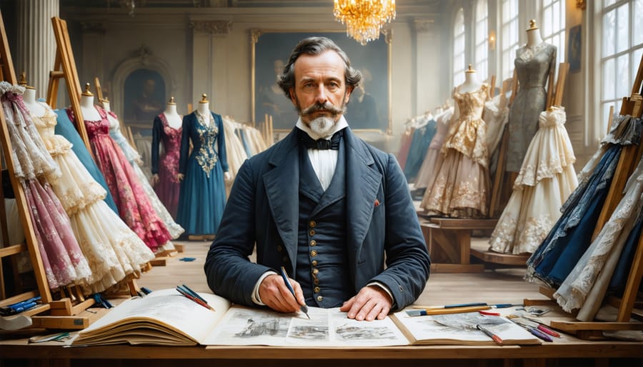 Historical photograph of Charles Frederick Worth, the father of haute couture, working in his Paris fashion house