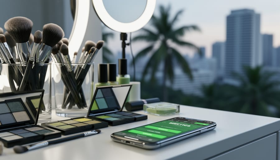 Makeup brushes and palettes on a vanity beside a smartphone with a blurred betting app interface, with a ring light and Brazilian city skyline softly out of focus.