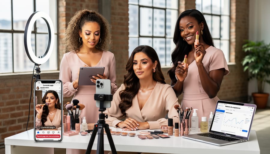 Beauty influencer creating sponsored content with smartphone and makeup products