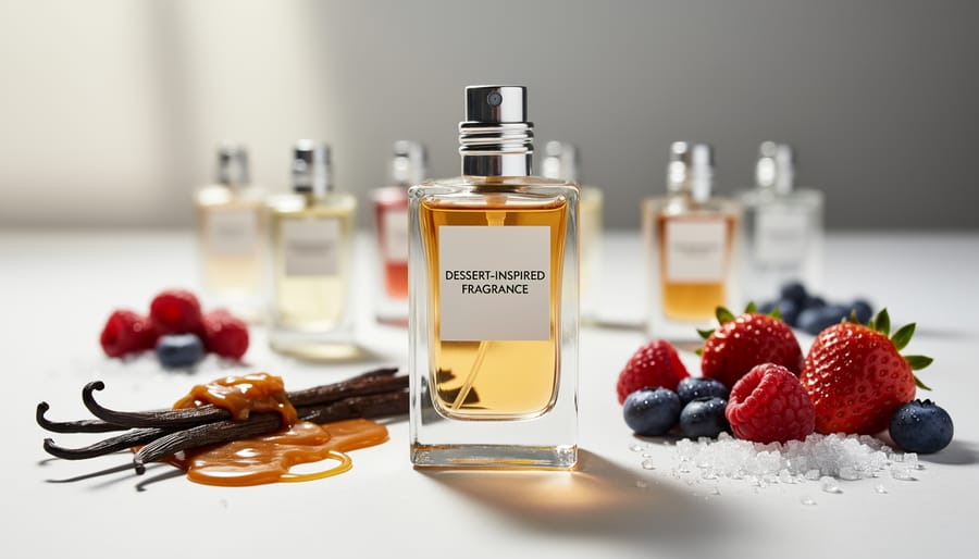 Artisan perfume bottles displayed with vanilla beans, berries, and caramel on wooden surface