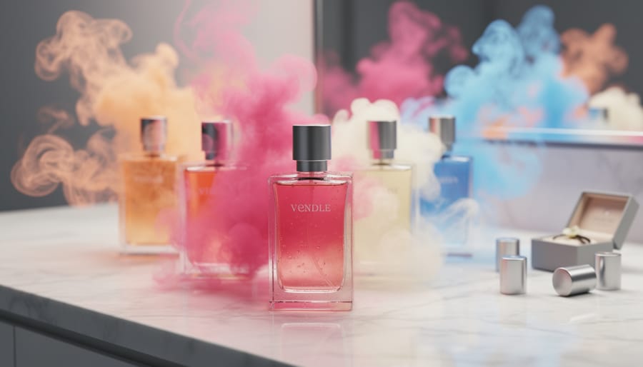Glass perfume bottles on marble vanity surrounded by pink, blue, and peach vapor clouds, with soft studio lighting and a blurred mirror and accessories in the background