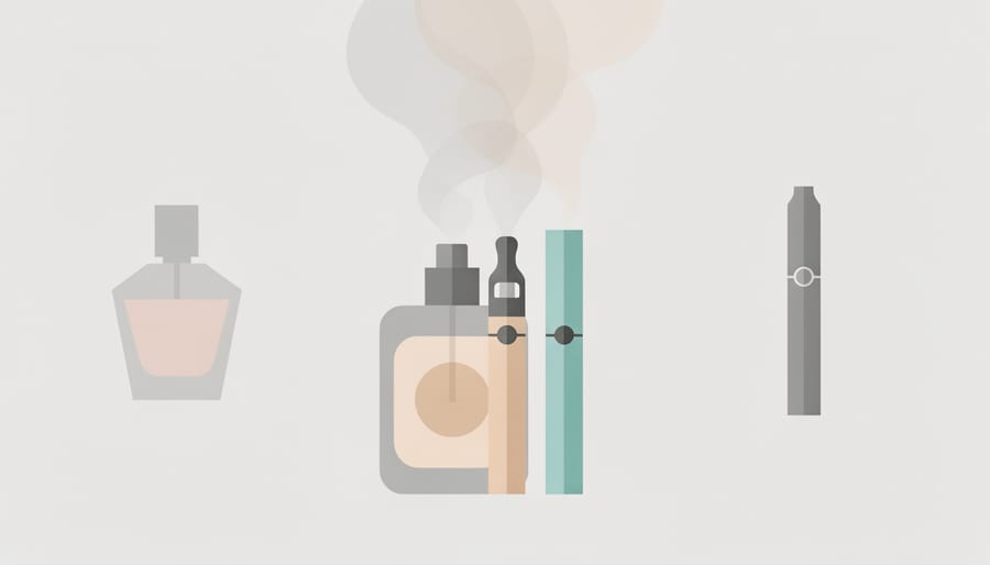 Glass perfume bottles surrounded by colorful vapor clouds on marble vanity surface