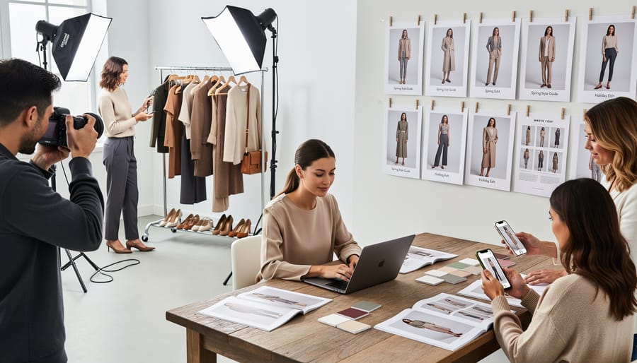 Fashion blogger creating content in Canadian studio with clothing rack and camera equipment