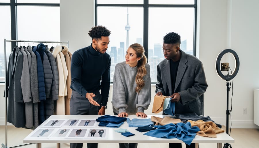 Three diverse Canadian fashion professionals in a sunlit Toronto loft reviewing photo images and fabric swatches beside a rack of winter coats, with a ring light, camera, and a softly visible CN Tower in the window; collaborative scene with no visible text.