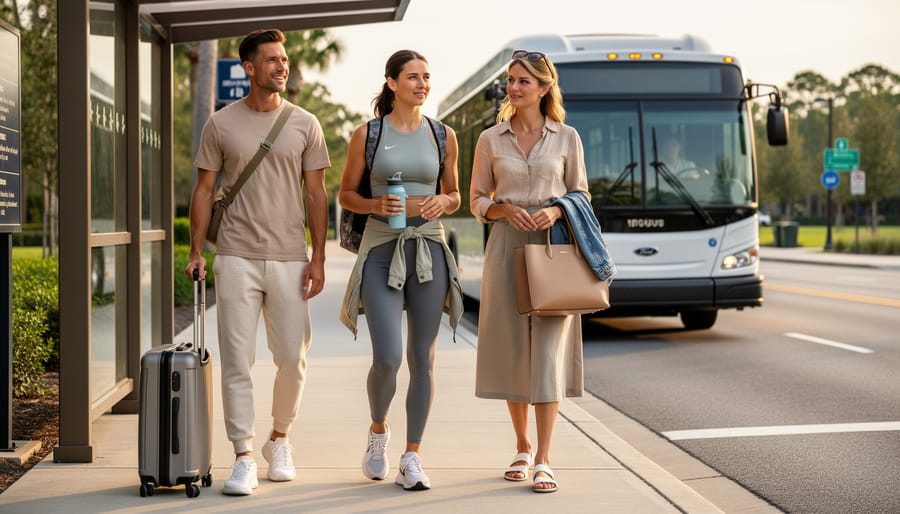 Flat lay of three complete Disney travel outfits with shoes and accessories arranged on white surface