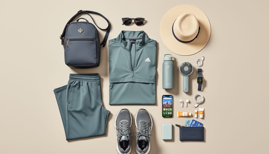 Collection of travel accessories including crossbody bag, comfortable sneakers, sun hat, and sunglasses