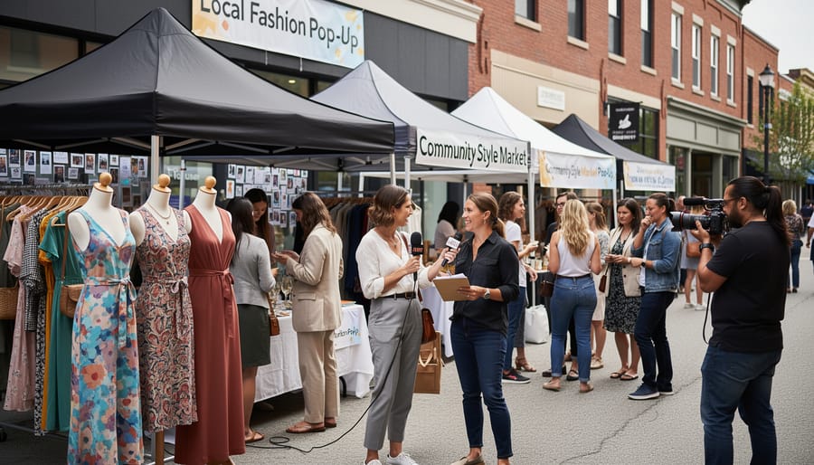 Outdoor fashion pop-up market event on Canadian city street with vendors and shoppers
