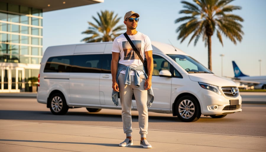 Traveler in breathable tee, joggers, slip-on sneakers, denim jacket tied at the waist, baseball cap, oversized sunglasses, and crossbody bag standing beside an unbranded private shuttle at Orlando airport, with palm trees and terminal glass softly blurred in warm light.