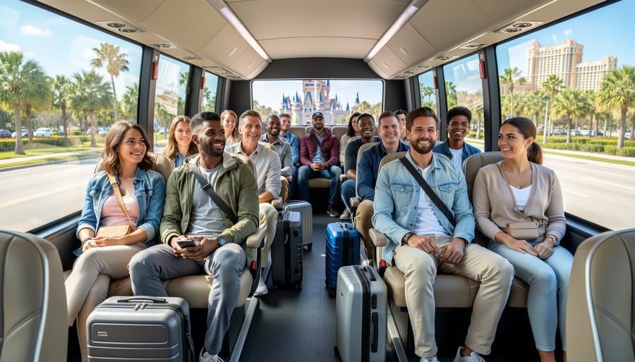 Woman wearing comfortable stylish outfit on shuttle bus with Florida scenery visible through window