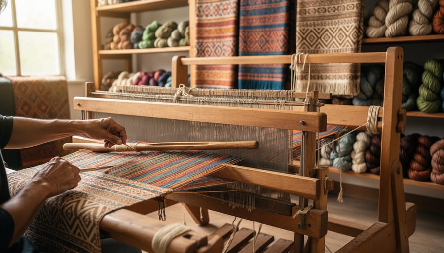 Female artisan hand-weaving natural fibers on traditional wooden loom in workshop